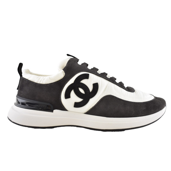Chanel 21P Mens Grey Black White CC Logo Low Top Lace Up Trainer Sneaker 44 11 - Picture 1 of 13